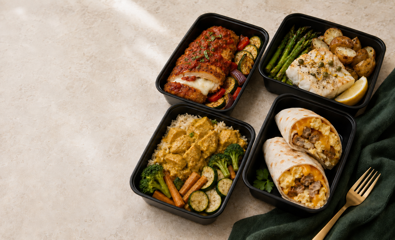 A colorful selection of chef-prepared meals in premium meal-prep containers